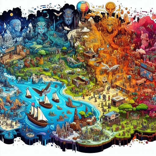 A vibrant and colorful illustration showcasing iconic Pokémon regions, highlighting elements like towns, gyms, and characters that represent each region's unique flair.