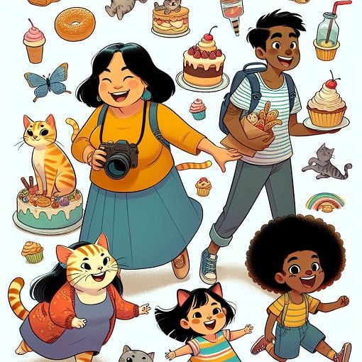 A colorful and whimsical illustration of friends on a quirky adventure, featuring engaging elements like food, cats, and an array of funny expressions, in a cartoon style.