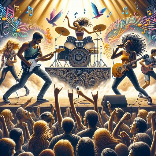 A vibrant and artistic representation of a band performing on stage with fans rocking out, capturing the essence of alternative rock music, with hints of surrealism and bright colors.