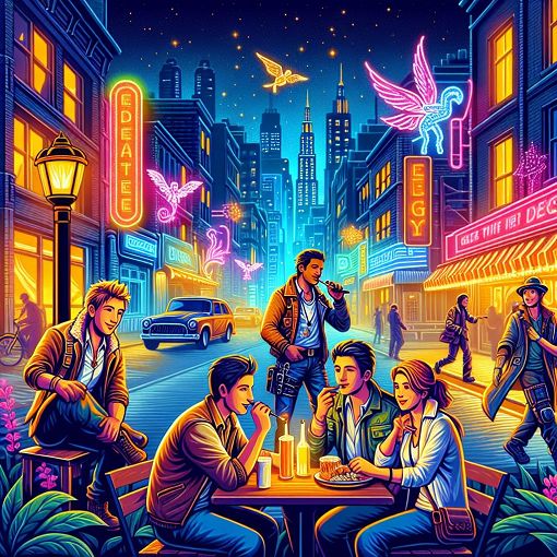 A vibrant illustration of characters from Devil May Cry 5 on a date, surrounded by a romantic, urban background with neon lights and a mix of adventure and charm.