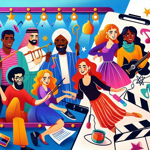 A vibrant and colorful illustration depicting various personalities, featuring diverse characters that represent different traits, set in a playful environment reminiscent of a drama school.