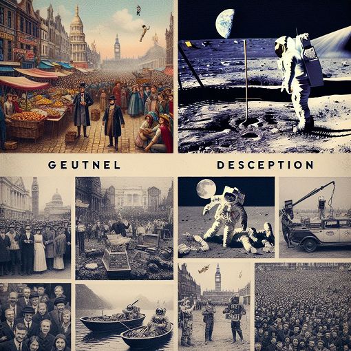 A collage of historic and contemporary images showing various events, with one side depicting real photos and the other side showing fake or altered versions, emphasizing the theme of truth vs. deception in imagery.