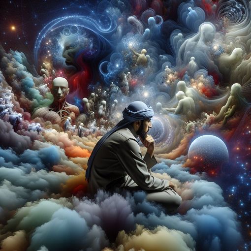 A surreal illustration of a person contemplating their inner emotions, surrounded by shadowy figures representing fears and relationships, in a dreamlike landscape.