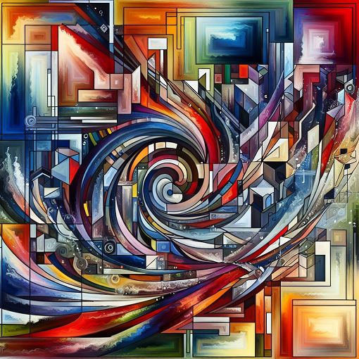 Create an abstract art image that illustrates the concepts of Elements of Art and Principles of Design, featuring vibrant colors, geometric shapes, and dynamic balance.