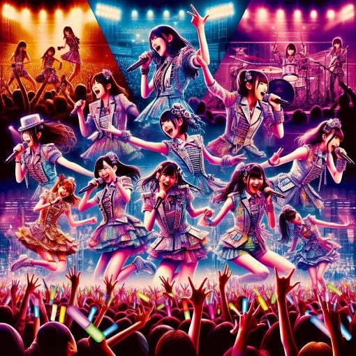 A colorful collage of Keyakizaka46 members performing on stage, with fans cheering in the background.