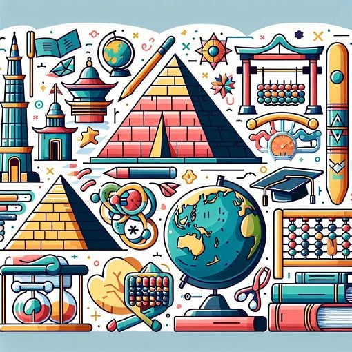 A vibrant and engaging illustration of various global landmarks and symbols of knowledge, featuring a mix of diverse cultural elements and educational motifs.