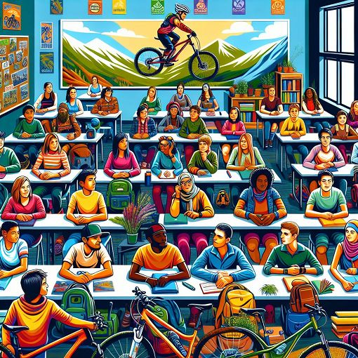 A colorful graphic depicting a fun classroom scene with diverse teachers, students, and mountain biking themes, emphasizing engagement and personality