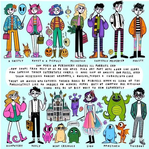 An illustrated whimsical representation of quirky and colorful characters, each embodying different personality traits reflective of a diverse friend group, with elements from pop culture (like Hogwarts, Pokémon, and more) blended in.