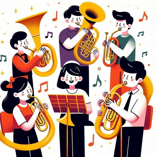 A vibrant and playful illustration showing diverse mellophone players in a band setting, with a fun and whimsical style that captures the spirit of camaraderie and music.