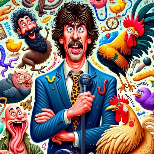 A lively, colorful cartoon scene featuring Eric Andre with a hilarious expression, surrounded by bizarre and funny imagery representing his show, like chickens and random objects, with a whimsical background.