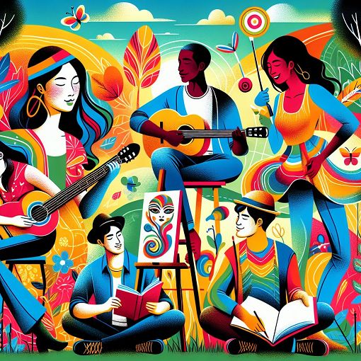 A colorful illustration of diverse friends hanging out together, showcasing various personalities and interests, in a vibrant outdoor setting.