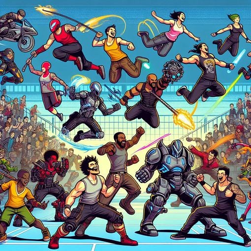 Create an illustration of a vibrant and dynamic ARMS character scene, showing various fighters with unique designs and styles in an arena setting, emphasizing playfulness and competition.