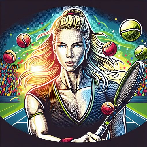 An illustrated portrait of Maria Sharapova playing tennis on a vibrant court, with tennis balls flying and a cheering crowd in the background.