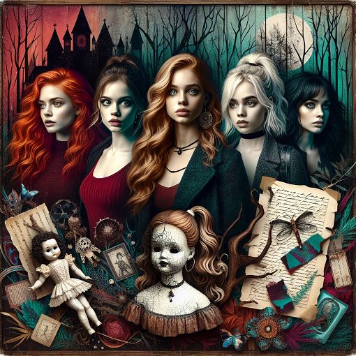 A vibrant and mysterious collage featuring characters from Pretty Little Liars, surrounded by clues and elements that evoke suspense and intrigue, like dark woods, a broken doll, and hidden notes.