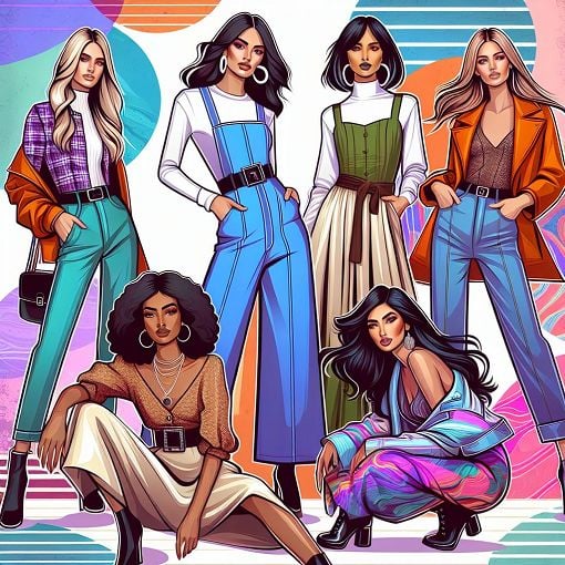 A vibrant, stylish illustration of a diverse group of fashionable women, embodying different personalities and styles inspired by reality TV culture, set against a fun, colorful background.