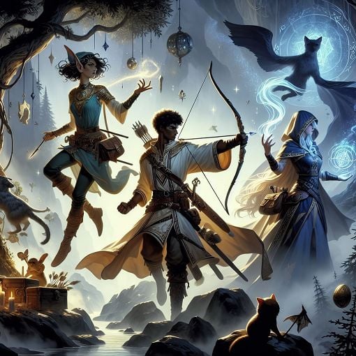 A fantasy-themed illustration featuring diverse characters representing different classes: a Warrior wielding a sword, a Mage casting a spell, and an Archer poised with a bow, set in a mystical landscape with shadows and light play, evoking a sense of adventure.