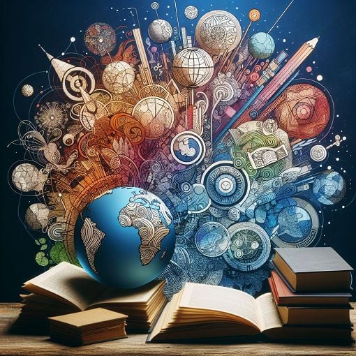 A vibrant image representing a diverse range of knowledge such as geography, science, history, and culture, featuring educational elements like books, a globe, and symbols of iconic historical figures.