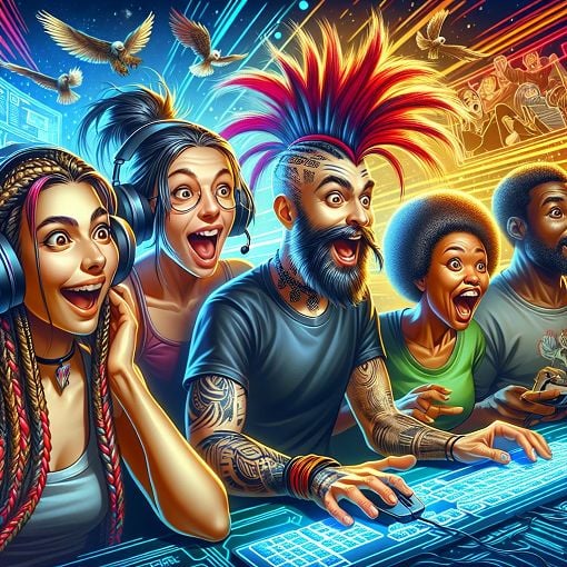 A vibrant, playful illustration of diverse characters in a gaming community, showcasing unique hairstyles and expressions, set against a dynamic online chat background.