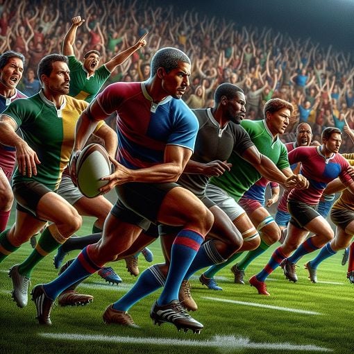 A dynamic rugby scene featuring players in action on the field, colorful jerseys, and a cheering crowd.