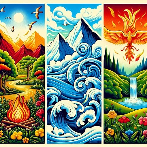 An artistic representation of the elements: earth, water, fire, air, and their symbolic characteristics, with vibrant colors and dynamic effects, creating an engaging atmosphere.