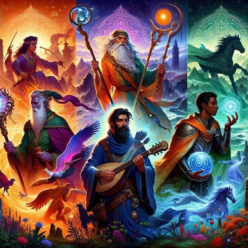 A vibrant and colorful illustration of diverse characters representing different personalities and archetypes, set in a fantasy landscape inspired by magical worlds.