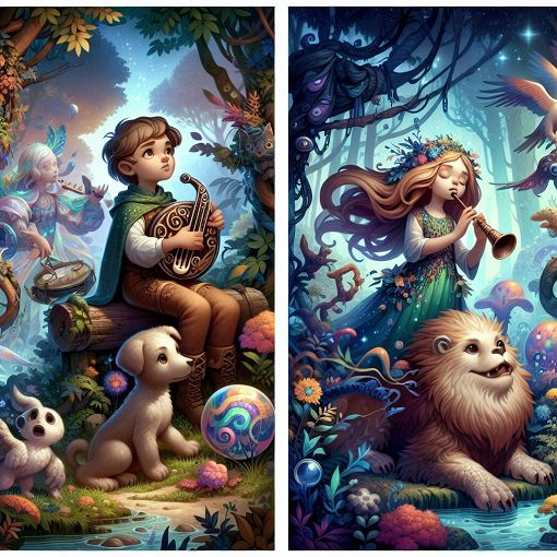 A whimsical illustration resembling a fantasy landscape, featuring characters inspired by The Wingfeather Saga, including a boy with a thoughtful expression, a girl playing a unique instrument, and a friendly animal companion in a lush, adventure-filled forest.