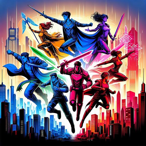 A vibrant and dynamic illustration featuring the iconic Mighty Morphin Power Rangers in action, showcasing their unique colors and personalities, set against a backdrop of a futuristic city skyline.