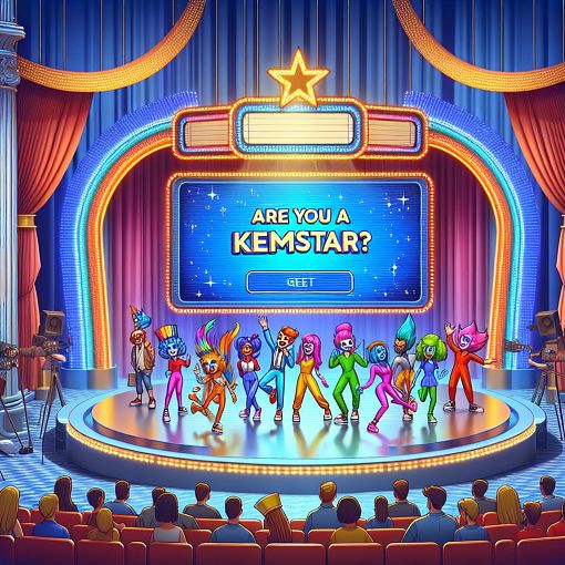 A colorful and engaging digital illustration of a quirky game show set with a dramatic atmosphere, featuring animated characters representing various internet personalities, with a large screen displaying the title 'Are You a Keemstar?'