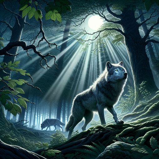 A realistic illustration of a lone wolf in a dense forest, with a distant pack in the background, showcasing the struggles and beauty of wolf life.