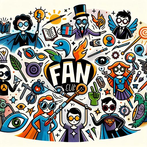 A whimsical, colorful illustration of various fandom symbols merging together, with characters representing different fandoms like Harry Potter, Marvel, and more, in a fun and engaging style.