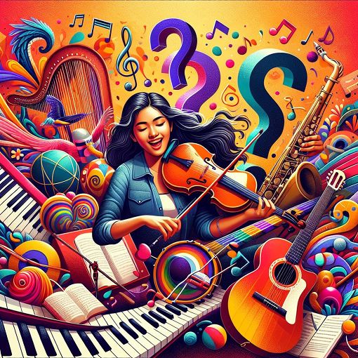 A vibrant and colorful collage of musical instruments, a young woman singing, and elements representing a fun quiz atmosphere, like question marks and colorful backgrounds.