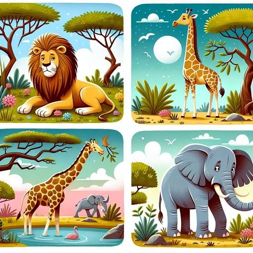 A vibrant and colorful illustration of various animals in their natural habitats, showcasing different species such as a lion, giraffe, and elephant, with a playful and engaging style.