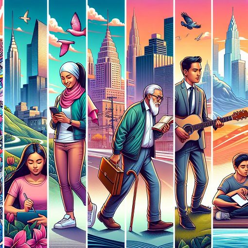 A vibrant illustration representing different generations, depicting diverse characters and their lifestyles, set against a colorful background of urban and natural landscapes.