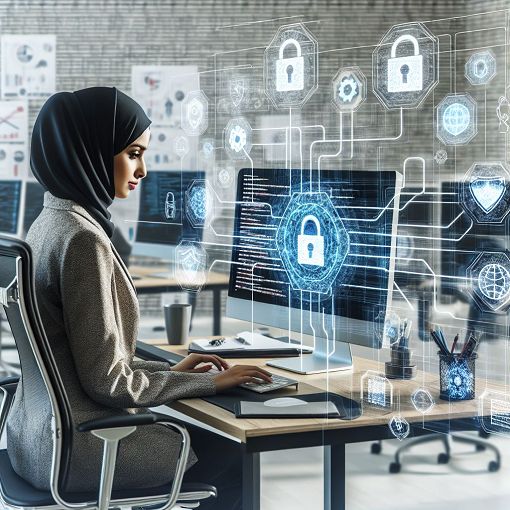 Create a detailed illustration of a cybersecurity expert working on a computer, surrounded by digital locks, codes, and firewall symbols, in a modern office setting.