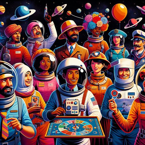 A vibrant illustration of diverse characters playing a game of Among Us in a colorful space setting, featuring various hats and game elements.