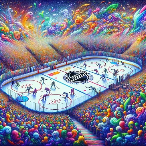 Create an image of a colorful hockey rink with various NHL team logos, playful characters representing different personalities, and a vibrant atmosphere filled with fans.