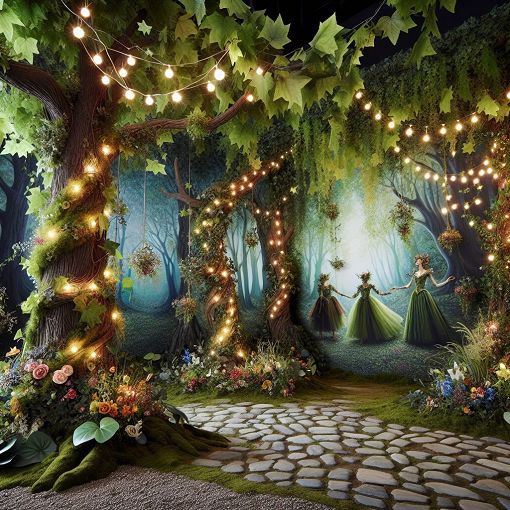 A whimsical forest scene inspired by Shakespeare's A Midsummer Night's Dream, featuring characters in magical attire, fairy lights, and a backdrop of lush greenery and flowers.