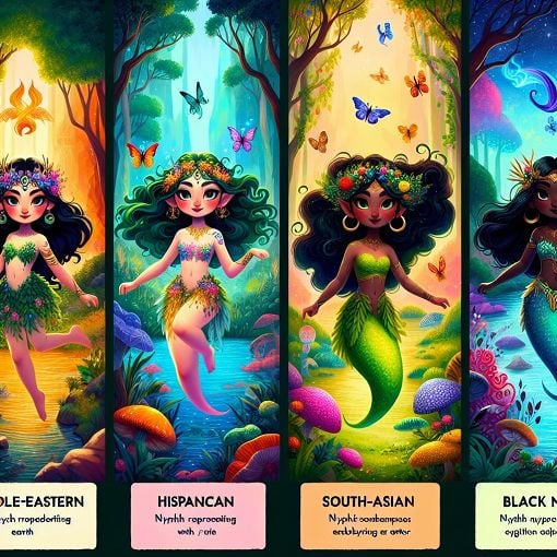 A vibrant and whimsical depiction of magical nymphs in a lush forest, showcasing their unique traits and personalities, filled with colors and elements representing air, water, earth, and fire.