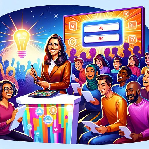 Create a vibrant and colorful illustration of various personalities engaged in quizzes, featuring diverse people enjoying a fun and interactive quiz environment.