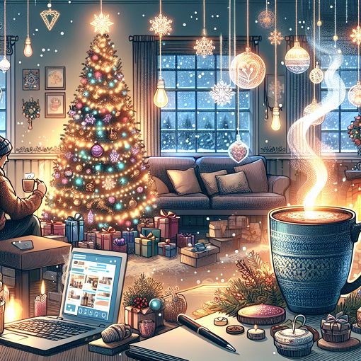 A cozy winter scene with a decorated Christmas tree, hot cocoa, and holiday decorations in a living room, with a subtle hint of online learning elements like a laptop and a student studying.