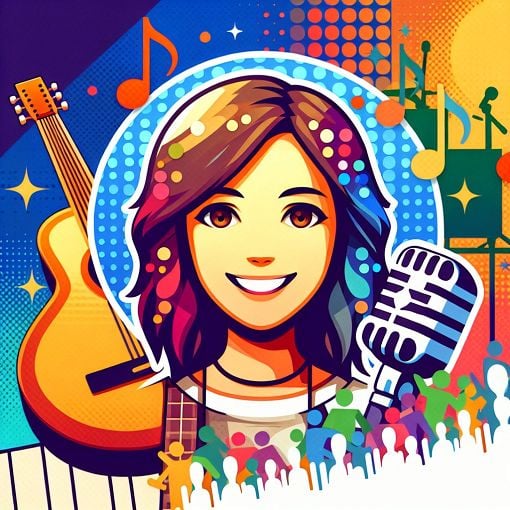 A vibrant and colorful collage representing Lucy Spraggan's music career, including elements such as a guitar, concert stage, and a microphone, with her smiling face as the focal point.