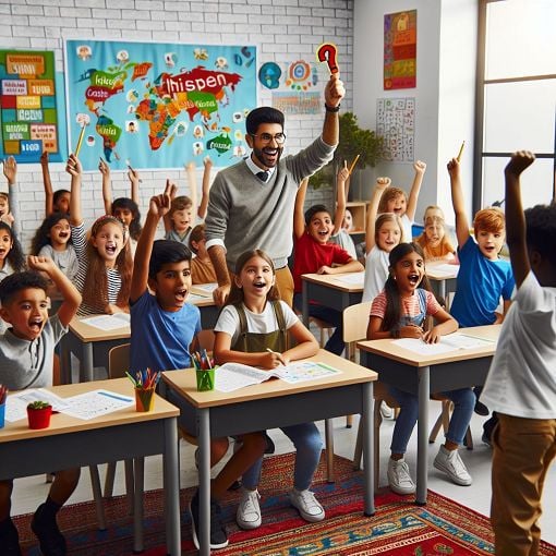 A vibrant classroom filled with children engaged in a quiz activity, colorful posters on the walls, and a teacher encouraging them, bright and cheerful atmosphere