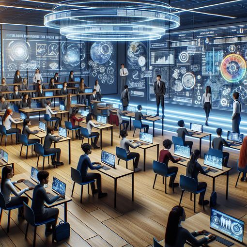 A futuristic classroom with students engaging with technology, surrounded by information flow graphics and digital screens displaying data and standards.