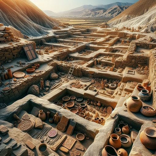 A detailed archaeological dig site featuring ancient artifacts, tools, and evidence of Indus Valley Civilization, with a beautiful landscape backdrop.