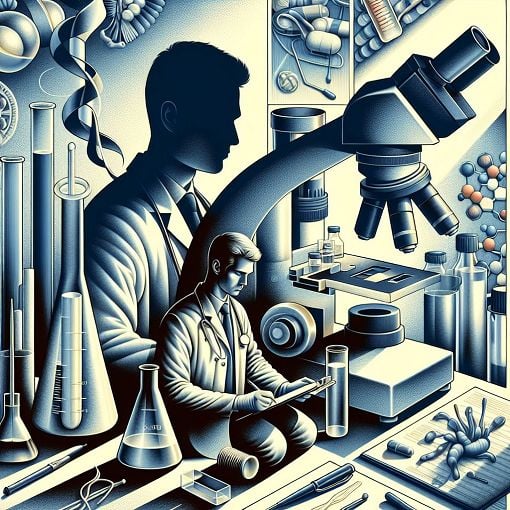 A medical-themed illustration showcasing laboratory equipment, a microscope, and a person studying in a lab environment, with a focus on medical education and knowledge assessment.