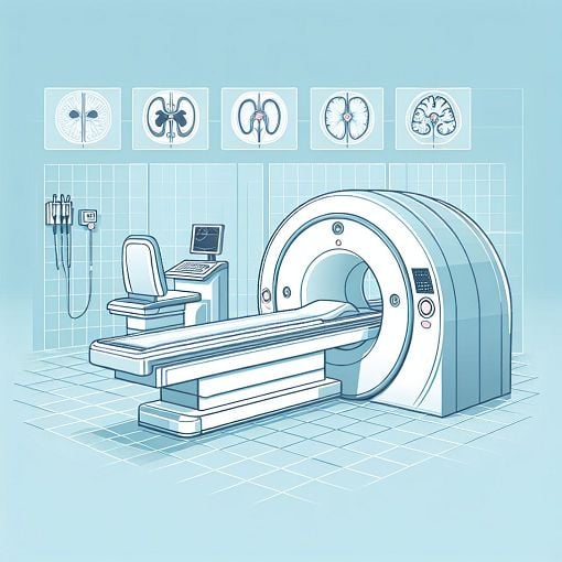 A highly detailed illustration of an MRI machine in a medical setting, with a focus on pelvic imaging, featuring labeled diagrams highlighting different imaging techniques, and a serene environment to convey medical professionalism.