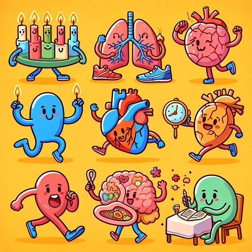 Create an engaging illustration showing different organ systems in a fun and colorful way, with cartoon characters representing each system engaged in various activities related to health and wellness.