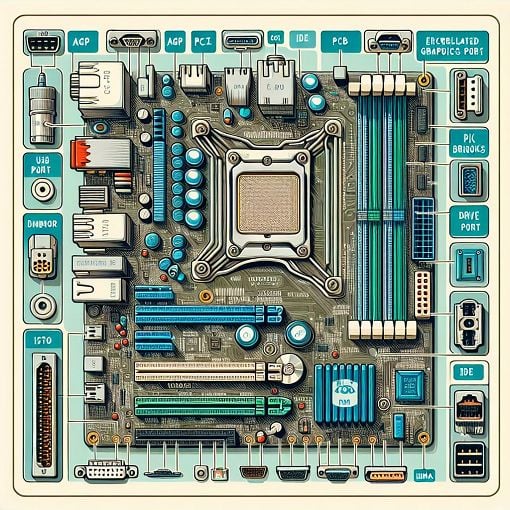 A detailed illustration of a computer motherboard showcasing various connections, slots, and ports, labeled for educational purposes.