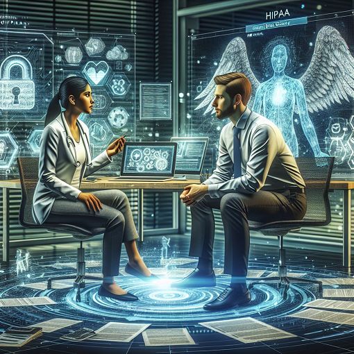 A detailed illustration of healthcare professionals discussing HIPAA compliance, surrounded by documents and digital screens showing patient data security concepts, in a modern office environment.