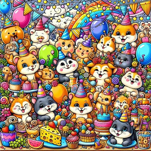 A whimsical, colorful illustration of cute animals, such as puppies, hamsters, cats, and chipmunks, surrounded by fun elements like hats, food, and party scenes.